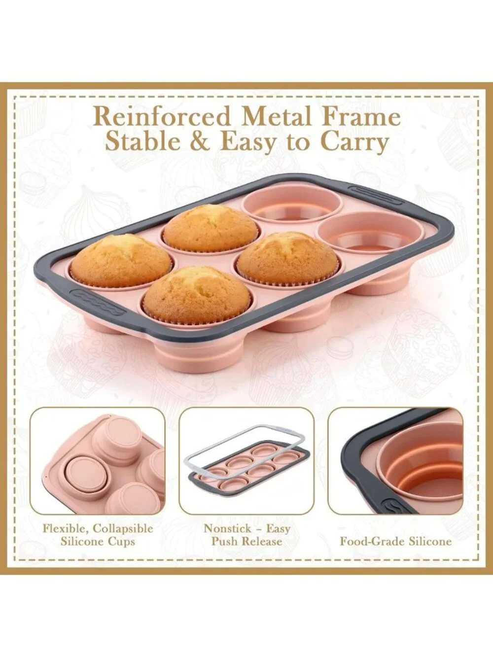 2 Pack Nonstick Silicone Muffin Pans - Collapsible 6 Cup Baking Tray, Oven Safe
